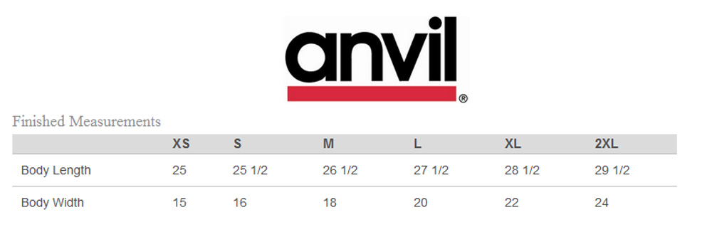 Anvil Shirt Size Chart